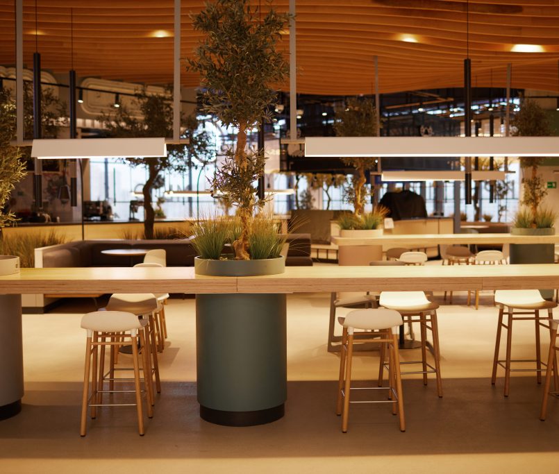 Wide angle background image of empty food court interior at modern shopping mall, copy space