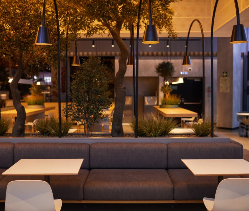 Background image of empty food court interior at shopping mall, copy space