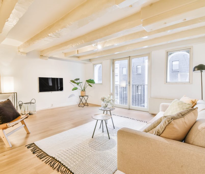 Luxurious spacious living room with a cozy sofa and two small coffee tables